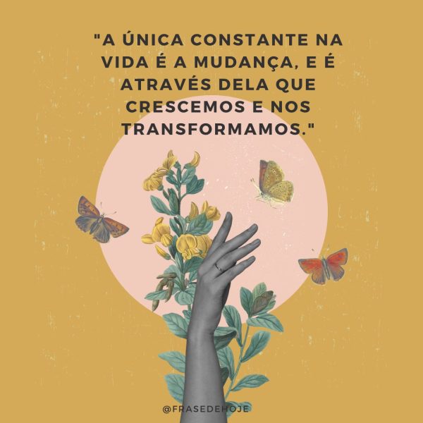 imagem de flores e borboletas com uma mão feminina com a frase: "A única constante na vida é a mudança, e é através dela que crescemos e nos transformamos."