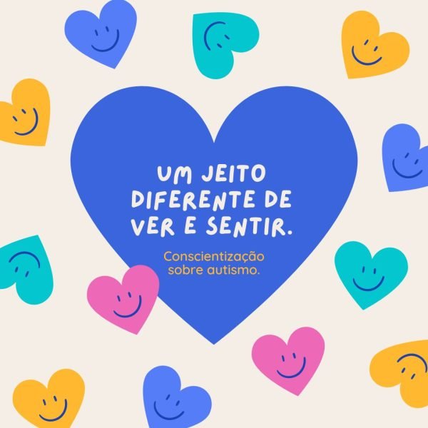 Um jeito diferente de ver e sentir: imagem com vários desenhos de corações pequenos e no centro um coração maior