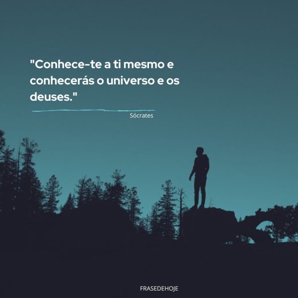 Conhece-te a ti mesmo e conhecerás o universo e os deuses: silueta de um homem em cima de uma pedra em uma floresta sozinho.